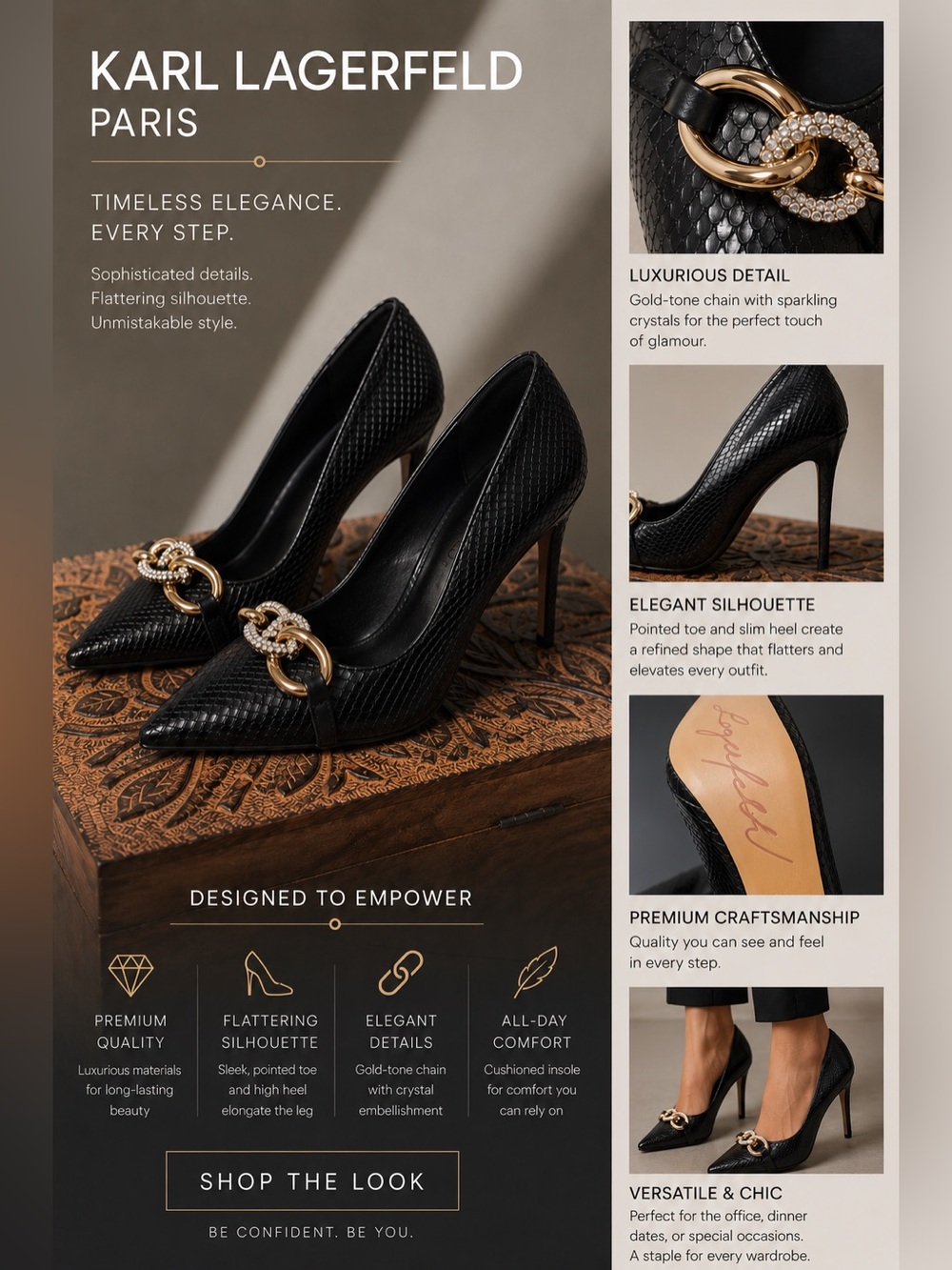 Karl Lagerfeld Black Textured Pointed Toe Stiletto Pumps with Gold Chain